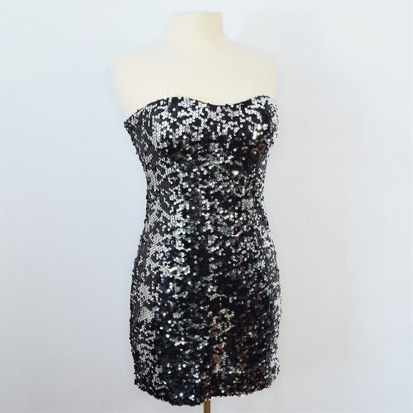 As U Wish Two Way Sequin Strapless Bodycon Evening Cocktail Dress Black Silver M - Picture 13 of 13